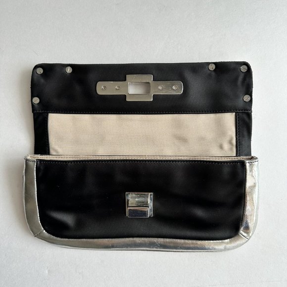 Ann Taylor Mini Satin Black Silver Purse Clutch Modern Design Evening Bag - Picture 3 of 9